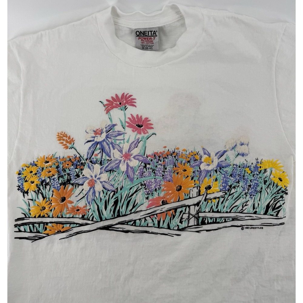 Vintage 1990 Oneita Wildflowers Graphic T-Shirt Size M Made in USA Single Stitch - Picture 3 of 11